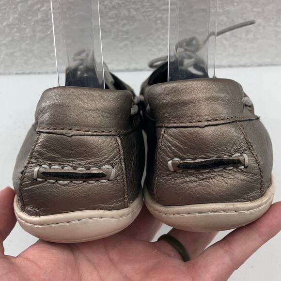 L.L. Bean Silver Gray Metallic Leather Slip On Lace Up 2 Eye Boat Shoe Loafer - Picture 7 of 11